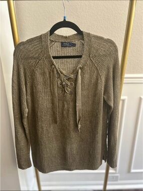 Polo by Ralph Lauren Olive Lace-Up V-Neck Sweater
